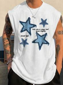 男式加大码五角星标语印花圆领背心