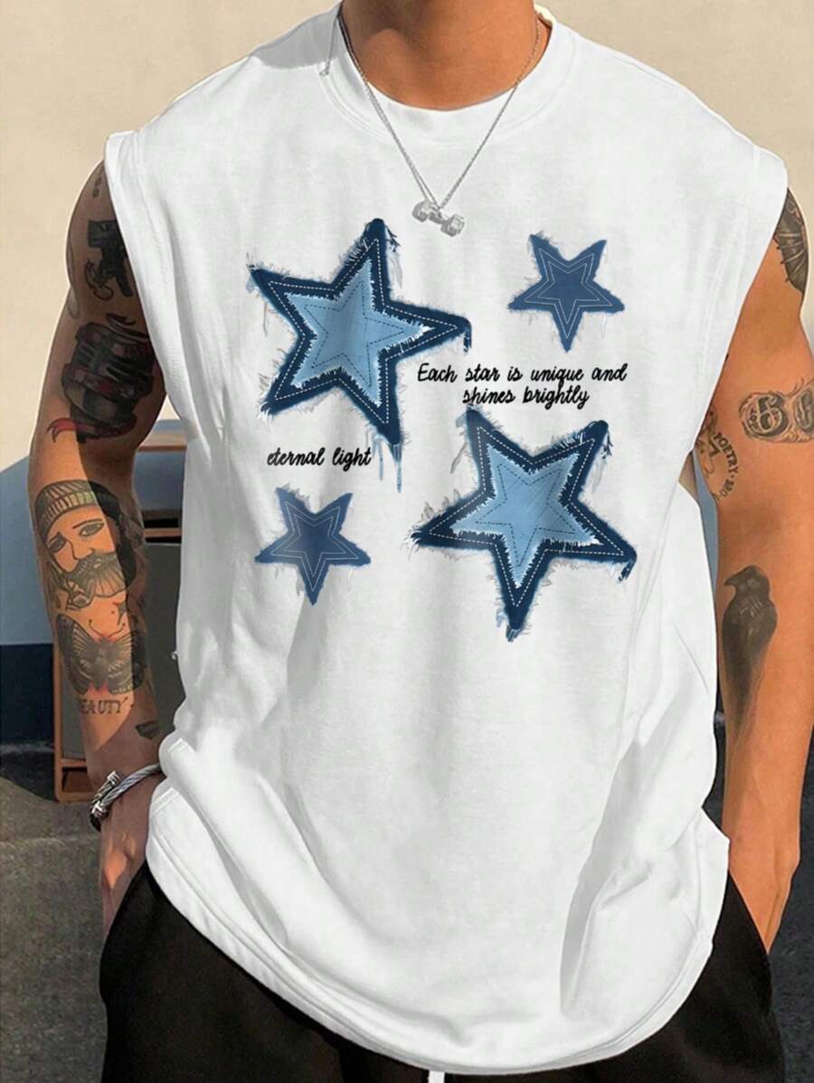 男式加大码五角星标语印花圆领背心