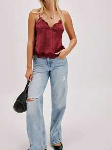 Women Y2k Lace Trim Camisole Sleeveless Spaghetti Strap V Neck Loose Crop Tank Cami Tops Backless Tie Up Going Out Shirts Tops 2000s Aesthetic Clothes Summer Streetwear - 酒紅色 - 查看 3