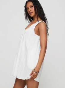 Women's Summer Casual Lace Patchwork Bow V-Neck Vest Doll Shirt Mini Dress - trắng - Xem 6