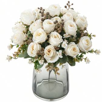 1pc Elegant Artificial Rose Bouquet - Pink And White Roses With Lush Greenery, Suitable For Indoor Home Decor, Vase Arrangement, Spring/Summer Garden Display, Weddings, Valentine's Day, Thanksgiving, Mother's Day And Special Occasions, Floral Accessory