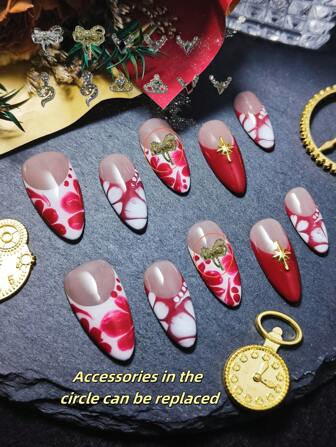 10pcs Almond Shaped Handmade Nail Stickers, Short Style, Red, French Manicure, 3D Various Decorations, Kawaii Style, Suitable For Party, Prom, Daily Wear. Full Coverage Press-On Nails, Customized DIY Nail Art Supplies, Reusable, With Nail Care Tools Kit, Best Gift For Women