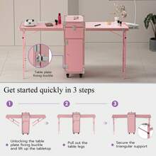 Manicure Trolley With Table, Manicure Table Foldable Traveling Nail Desk With Storage, Worktable And Mirror, Cosmetic Case Nail Table - 粉紅色-雙桌 - 查看 6