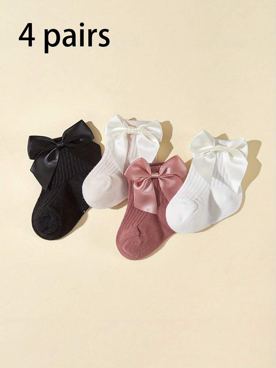 4 Pairs Baby Girls' Mid-Calf Socks With 3D Bow Decor, For Spring & Autumn - Multicolor - View 1