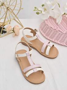 1 双女童时尚简约拼色 T 型带平底凉鞋，适合夏季度假、海滩、日常穿着 - 粉色 - 查看 3