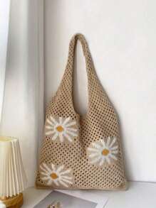 Large Capacity Floral Pattern Crochet Tote Bag - Fashionable Y2K Design, Soft Fabric Lining, Printed Pattern, No Tassels, Perfect For Beach Days And Casual Outings!, Perfectly Matching With Crochet Set - Khaki - View 2