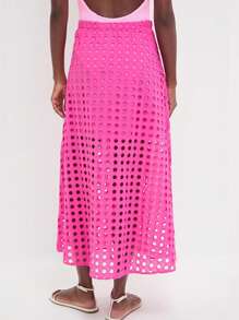 Summer Casual Long Skirt For Women Cotton Eyelet Beach Maxi Skirt With Underneath - 粉色 - 查看 3