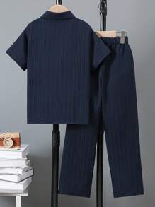 2pcs Outfit: Textured Solid Color Short Sleeve Casual Shirt & Straight Leg Textured Pants For Older Boys, Daily/Outdoor Wear