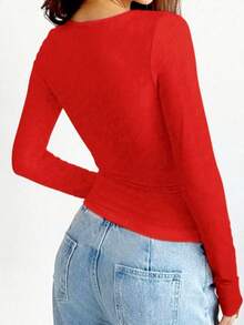 Plain Crew Neck Long Sleeve Casual Tops - Red - View 3