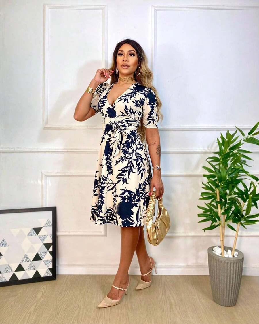 Flared Dress With Belt Midi Evangelical Fashion - 米色 - 查看 1