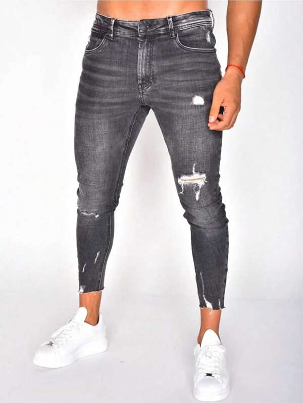 1pc Men's Casual Slim Fit Stretch Gray Denim Cropped Pants