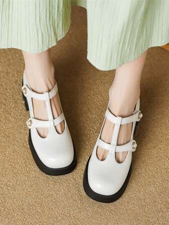 春季新款珍珠扣性感高跟鞋，女士 T 型带厚底圆头高跟鞋