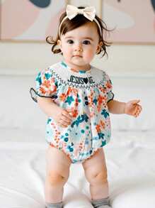 Baby Girl Summer Romper Short Sleeve Round Neck Floral Print Smocked Bodysuit Newborn Playsuit - Green - View 9