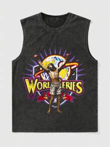 Men's Vintage Printed Loose Fit Round Neck Casual Sleeveless Top - Black - View 2