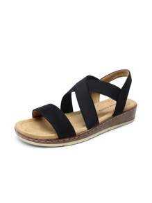 Women Low Wedge Heels Sandals Cross Strappy Slip On Flat Sandals Summer Comfortable Dressy Casual Vacation Walking Shoes  Black-Suede - 黑色 - 查看 4