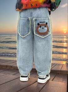 Young Boys' Cartoon Print Casual Denim Jeans, Spring - Blue - View 3