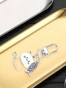 不锈钢卡通动物吊饰 - 可爱的小猫和鱼钥匙扣，带有微笑猫咪设计，是完美的复活节篮子填充物、母亲节礼物或猫咪爱好者、女性的生日惊喜 - 非常适合日常使用、旅行、学校和工作 - 銀色 - 查看 12