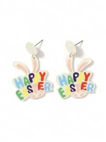 1pair Cute Joyful Celebration Acrylic HAPPY EASTER Letter Rabbit Drop Earrings For Women Girl For Easter Day Festival Gift Accessories Jewelry