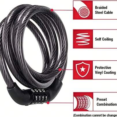 Portable Heavy-Duty Anti-Theft Bicycle Lock With A 4-Digit Combination, A One-Meter Long Black Bicycle Lock, Featuring A Theft-Proof Core, Suitable For Mountain Bikes And Electric Vehicles, With A Black Circular Chain Lock That Is Corrosion-Resistant And Secure (Password Cannot Be Changed)