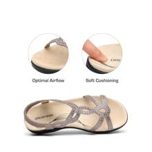 Women Comfort Flat Sandals Rhinestone Orthopedic Sandals Summer Walking Sandals With Elastica Back Strap Slip-On Vacation Beach Flats Shoes