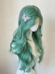 凯瑟琳（不含配件）26英寸长U型蕾丝合成耐热假发，波浪卷发，纤维材质，适合日常佩戴和派对佩戴 - 綠色 - 查看 4