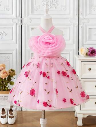 1 件女童公主清新针织连衣裙，亮粉色罗纹背心，3D 花卉装饰，时尚可爱的花卉网眼荷叶边连衣裙，适合日常、派对、休闲、春夏