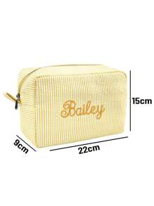 1pc Personalized Embroidered Storage Bag, Embroidered Striped Cosmetic Bag, Embroidered Travel Pouch, Tulle Cosmetic Bag, Large Capacity Striped Toiletry Bag, Mississippi Travel Organizer Bag, Customizable Embroidered Name And Blessing