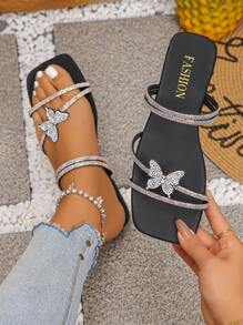 2025 Summer Butterfly Rhinestone Dual Wear Flat Slippers Fashion Versatile Casual Beach Outdoor Plus Size Sandals