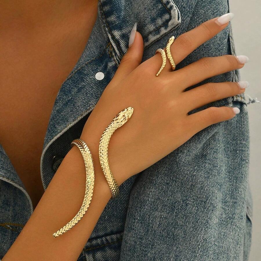 2pcs Set Adjustable Geometric Bangle & Ring Bracelet Jewelry Set, European & American Style Snake Design Versatile Accessories - Gold - View 1