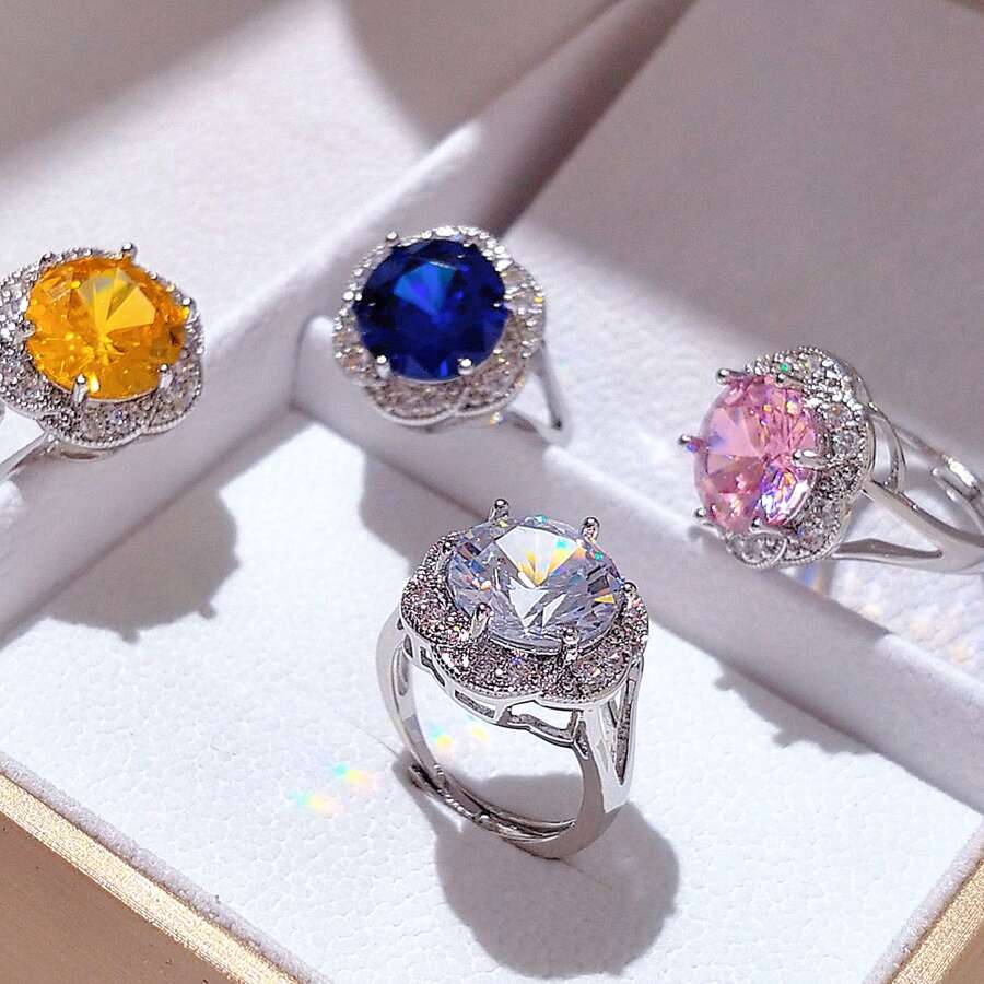 1 件时尚优雅可调节铜戒指，带多色方晶锆石花瓣，适合订婚、求婚、节日和送礼