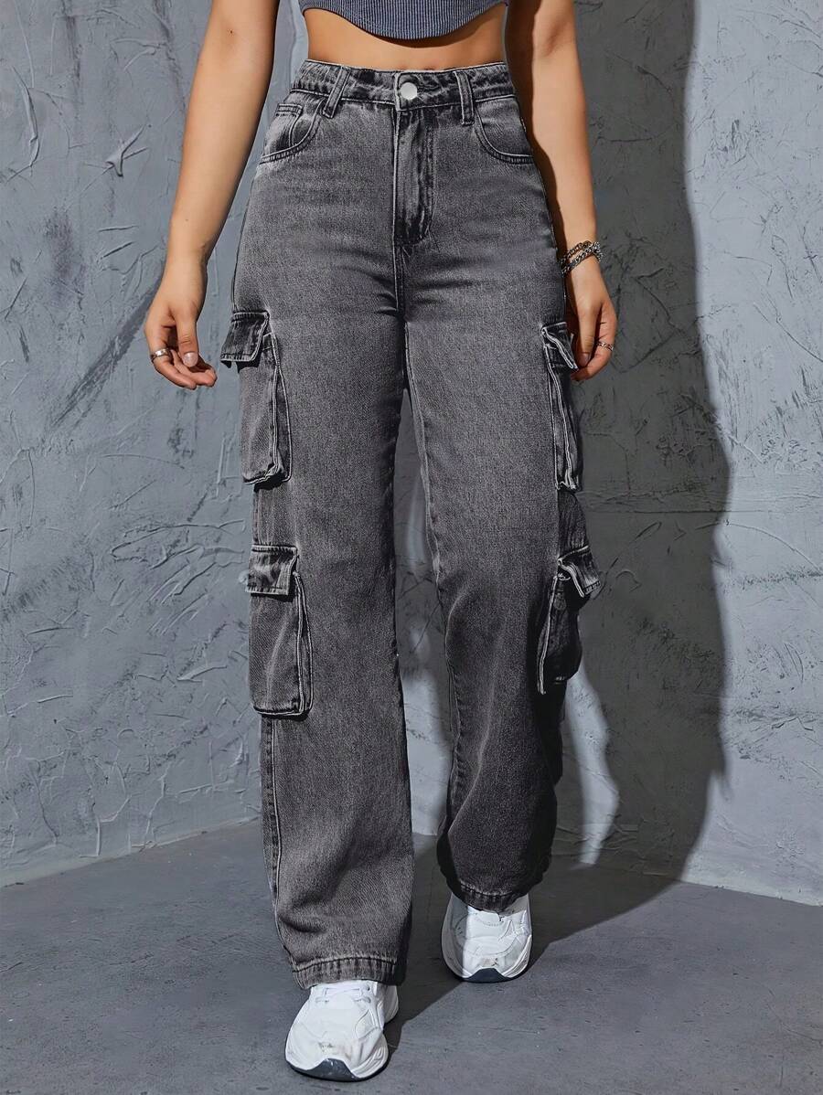 American Retro High Street Washed Workwear Jeans With Multiple Pockets For Men And Women, Loose Straight Leg Casual Pantsmujer Summer Outfits For Women Office Outfits For Women Boho Womens Clothing Pantalones Anchos De Mujer Pantalones Anchos De Mujer Classy Office Outfits For Women Boho Womens Clothing Summer ,Country,Vintage Clothes Women,Low Rise Jean,Plus Size Women Clothes - 深灰色 - 查看 1