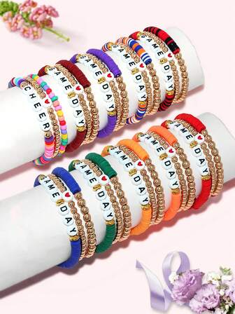 Set de pulseras con cuentas de piedra de hematita con diseños de béisbol, softbol, baloncesto, fútbol americano, voleibol y fútbol, pulseras deportivas para el día del juego