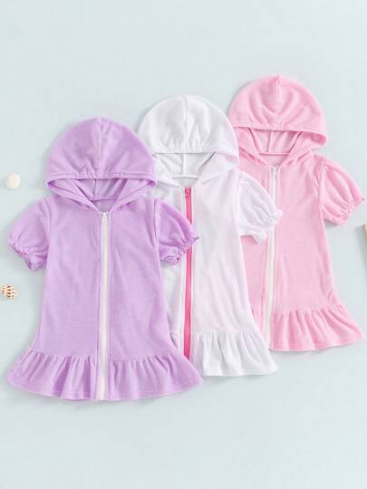 Girls Swim Cover Up Kids Swimsuit Coverup Terry Zip-Up Beach Ruffled Zipper Hooded Bathing Suit Wraps 1-8 Y