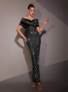 Modphy Murphy Luxury Rhinestone Decor Sexy V-Neck Off-Shoulder Sleeveless Bodycon Long Bandage Dress, Suitable For Wedding Guests, Birthday Parties And Other Formal Occasions - Black - View 4