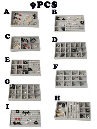 1 pieza/9 piezas Bandeja de joyería premium, adecuada para el almacenamiento de cajones del dormitorio, bandeja de exhibición de joyería de la tienda, caja de almacenamiento de joyería, caja de exhibición, decoración de salón de belleza, decoración del hogar, decoración del dormitorio, bandeja de exhibición de joyería de terciopelo con pulsera, caja de almacenamiento de aretes y anillos - Adecuada para diversos estantes de exhibición de joyería, de anillos, collares, aretes, regalos Bandeja organizadora móvil - Caja de almacenamiento de lujo para exhibir joyería, aretes y collares - Almacenamiento multipropósito, diseño apilable resistente