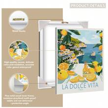 1 pièce, Peinture décorative encadrée, suspendue sur canevas, affiche, œuvre murale, Impression sur canevas de style italien "La Dolce Vita", affiche avec citron et paysage côtier, parfait pour le salon, la chambre, la décoration de bureau, cadeau idéal