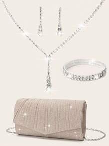Conjunto de joyas de mujer con cristales brillantes y lujo - Conjunto de collar, aretes y pulsera con cristales brillantes, ideal para eventos y bolso con pliegues en forma de V