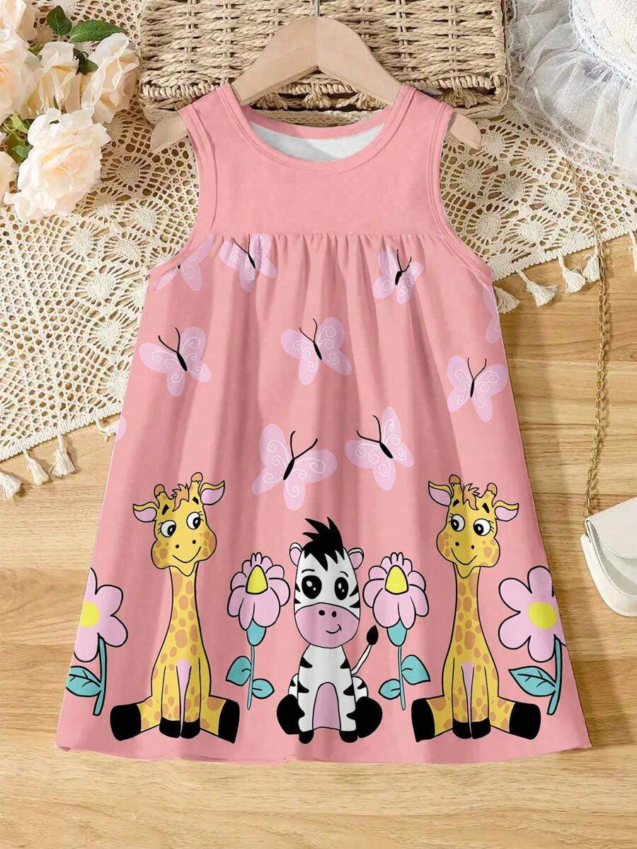 Cartoon Animal Print Cami Dress For Girls, Comfy Breathable Holiday Beach Tent Dress