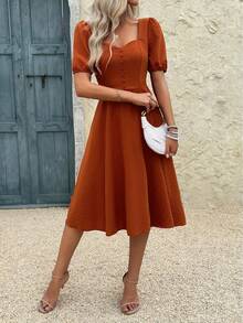 Sukienka midi w stylu casual retro minimalistyczna w jednolitym kolorze z bufiastymi rękawami i ściągaczem w talii - Rdzawy brązowy - Zobacz 5