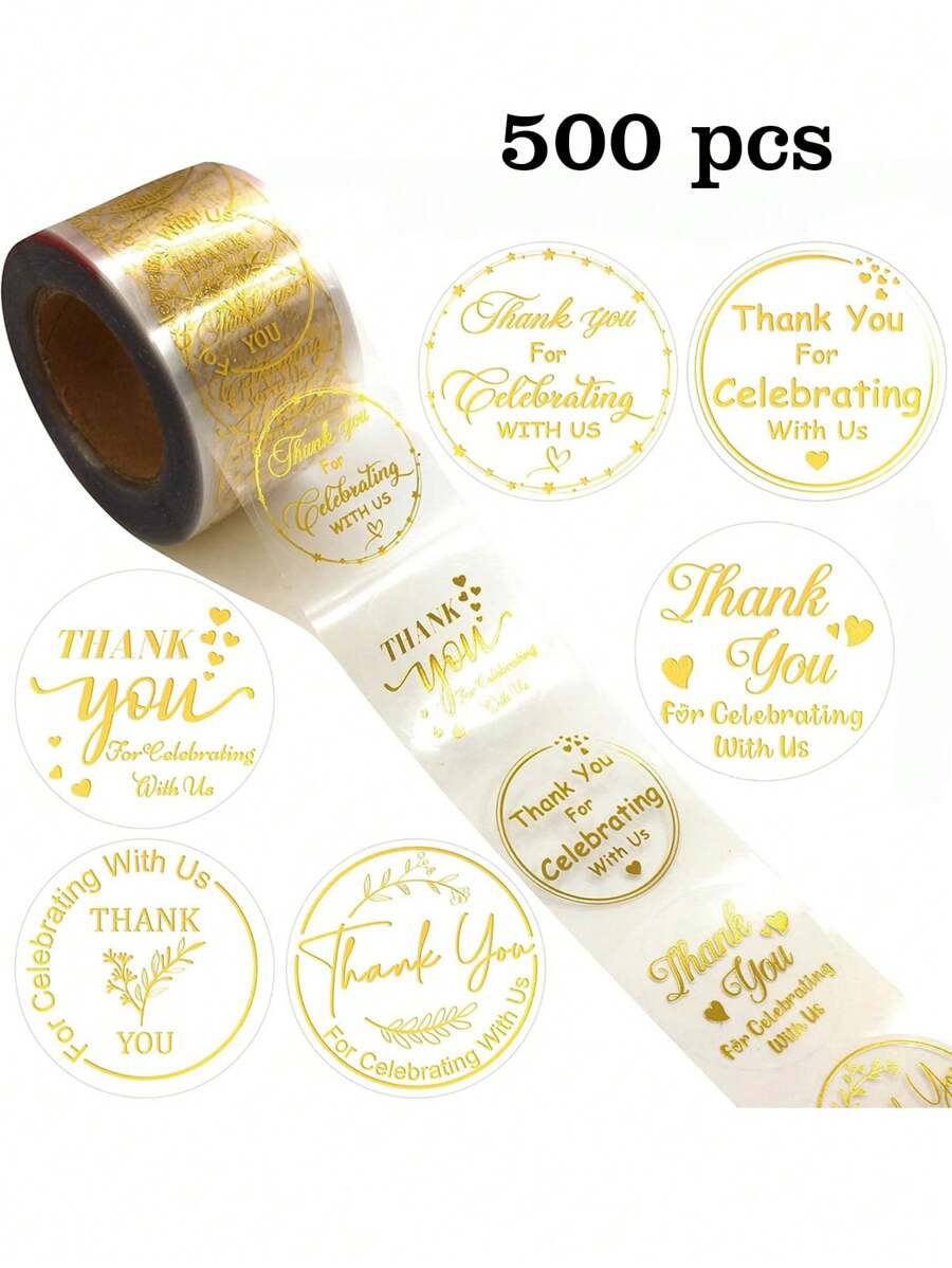 500pcs/Roll Transparent Gold Foil Thank You Stickers, Various Round Pattern Stickers, Suitable For Gift Cards, Wedding DIY Decorations, PVC Glitter Stickers