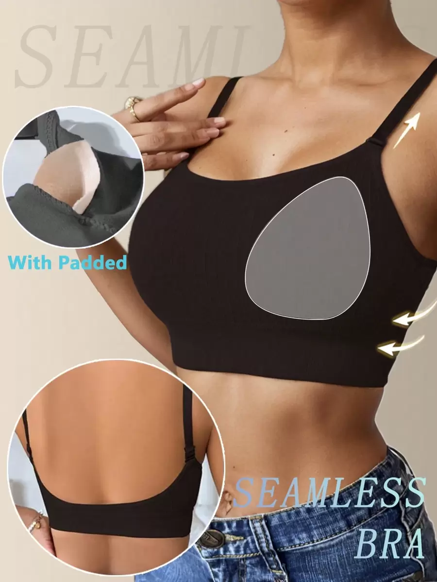 Seamless Ribbed Padded Invisible Wireless Bra, Supportive Sports Bra, Sexy Candy Bra, Women Underwear, Wireless Bra - Black - View 1