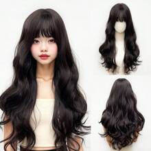 Black-BrownHeat Resistant Synthetic Wig, Medium Length Wavy With Bangs, Elegant Wig Suitable For Women's Daily Wear Cosplay