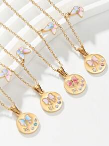 女士蝴蝶结吊坠项链 复古镀金不锈钢 不褪色配饰、浪漫珠宝、订婚礼物、女士 - 金色 - 查看 7