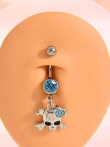 1pc Stainless Steel Rhinestone Skull Navel Ring, Suitable For Daily Wear, Music Festivals, Halloween