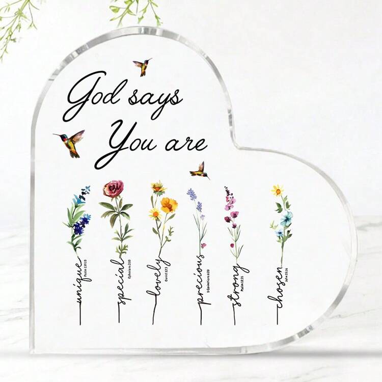 1 pieza Decoración contemporánea de acrílico con forma de corazón y versículos inspiradores de la Biblia, diseño floral - Decoración de mesa cristiana para el hogar y la oficina - Regalo único para mujeres - transparente - Añade 11