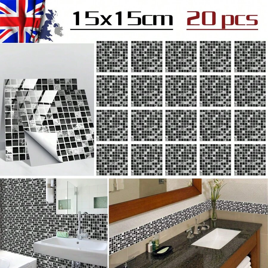 20pcs Kitchen Tile Stickers Bathroom Mosaic Sticker Self-Adhesive Wall Home Decoration  15cm X 15cm - Black - View 1
