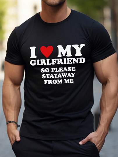 Men's Summer Short Sleeve Casual Round Neck T-Shirt - Versatile & Comfortable, Heart & Slogan "I Love My Wife", "I Love My Girlfriend" Boyfriend Style Casual Wear, Suitable For Spring/Autumn Outdoor Activities