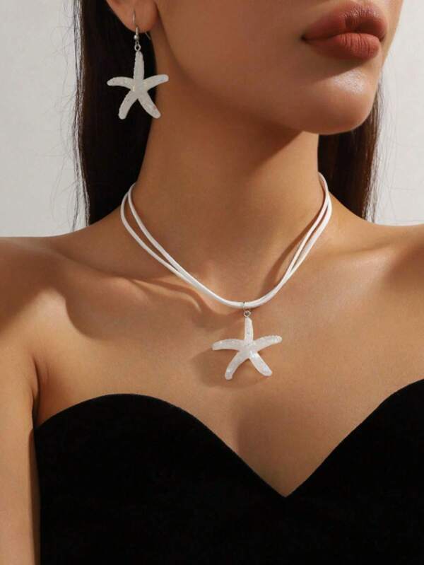 1set/3pcs Simple Fashion Star Shaped Pendant Necklace Set With Blue Starfish Earrings, Ocean Vacation Style Beach Jewelry For Women
