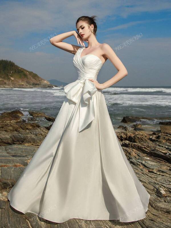 HEARBOBO Glamorous One-Shoulder Minimalist All White Party Outfit For Women, Satin Bow Accent Modest Wedding Dress For Bride