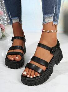 Giày sandal đế xuồng phong cách La Mã mùa hè cho nữ, gót nhọn, phiên bản Hàn Quốc, mũi tròn, đế phẳng, tăng chiều cao - màu đen - Xem 7